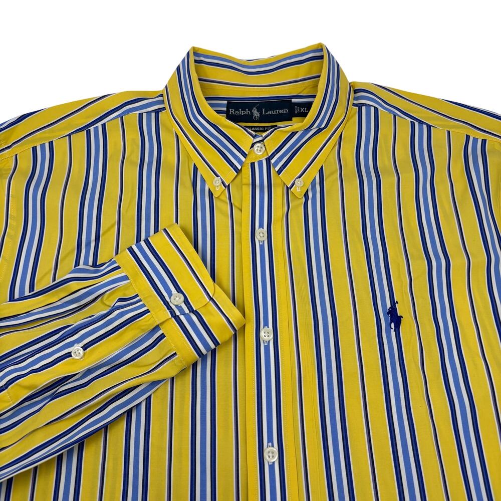 Ralph Lauren XL Yellow Blue Striped Long Sleeve Button Down Classic Fit Shirt